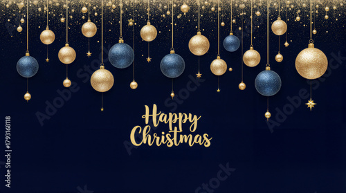 Elegant gold and blue Christmas ornaments hanging on dark background — Happy Christmas greeting