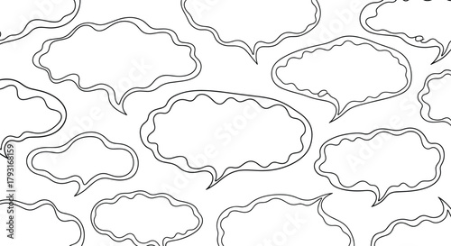 Seamless pattern of hand-drawn speech bubbles with wavy, cloud-like borders, creating a background for text and dialogue.