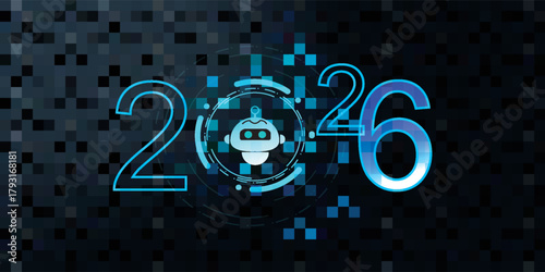 Futuristic 2026 Digital Design with Robot Icon and Glowing Numbers.