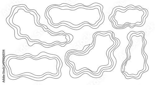 Set of hand-drawn frames with organic, wavy borders and multiple parallel lines, creating abstract and fluid text box shapes.