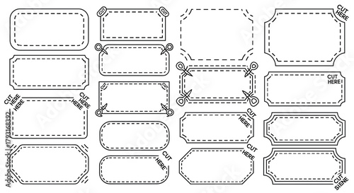 Comprehensive collection of coupon and ticket outlines with dotted or dashed borders, perfect for sales and event promotions.