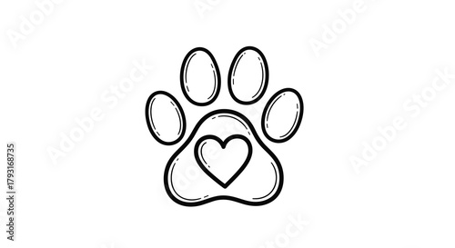 Simple and clean line art drawing of a single animal paw print with a heart inside, symbolizing love for pets and animals.