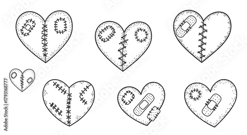 Collection of hand-drawn broken hearts that have been mended with stitches, patches, and bandages in a vintage sketch style.