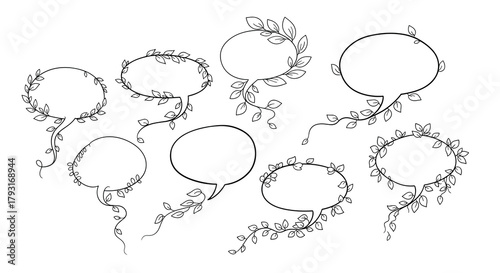 Set of hand-drawn speech bubbles decorated with delicate leaves and vines, creating a natural and organic feel for quotes.