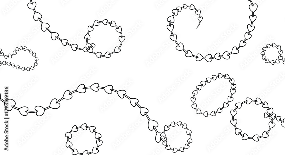 Obraz premium Hand-drawn collection of swirling and circular chains made of tiny hearts, creating delicate and romantic decorative elements.