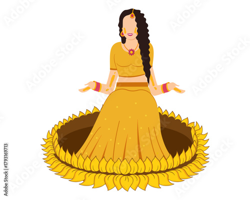 Indian wedding woman in traditional yellow dress celebration haldi ceremony sitting in lotus bowl