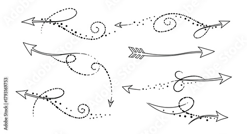 Set of elegant, hand-drawn arrows with swirling, dotted trails, creating a sense of magical and whimsical movement.
