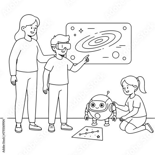 Interactive education: boy looking at galaxy in VR goggles, girl playing with robot. Teacher and technology. Black and white vector outline sketch.