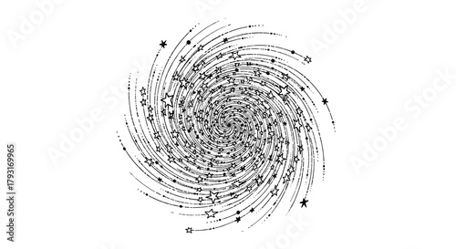 Hand-drawn spiral of shooting stars and dots, creating a dynamic and cosmic vortex effect isolated on a white background.