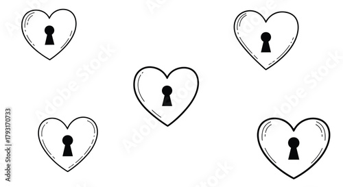 Simple hand-drawn illustration of five hearts, each featuring a keyhole, symbolizing locked love, secrets, or finding the key.