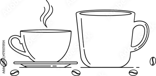 Two coffee cups with steam and coffee beans in a simple line drawing style