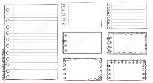 Set of hand-drawn notebook paper, including a full lined page and various spiral-bound or ripped note card templates.
