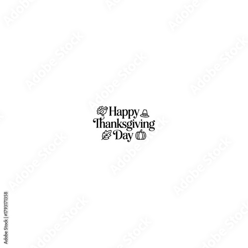 Happy thanksgiving day greeting with decorative elements including a turkey pilgrim hat leaf and pumpkin in a simple black and white design
