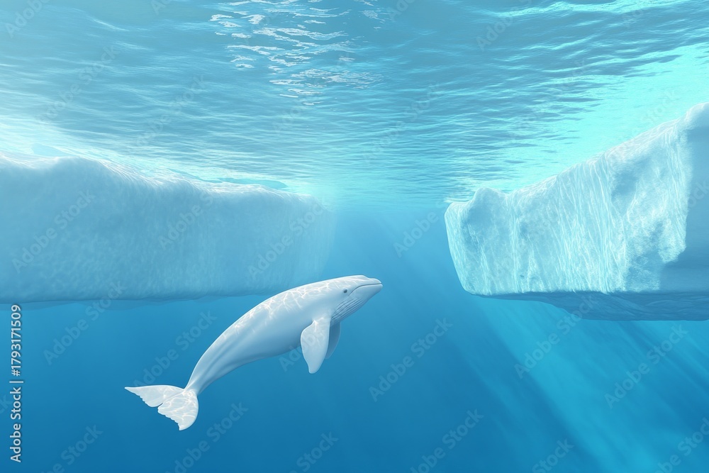 Naklejka premium Tranquil underwater scene with whale amidst sunlit icebergs