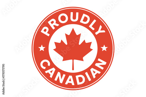 A red and white emblem with a maple leaf and the words proudly canadian