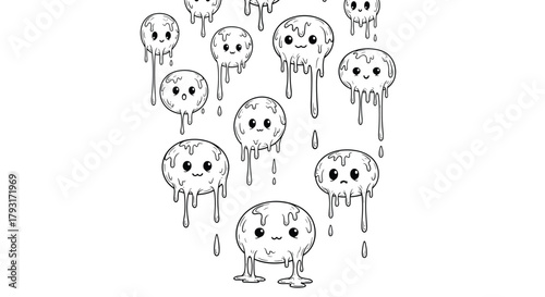 Vertical seamless border of cute, melting kawaii-style characters with drips, creating an adorable and gooey pattern.