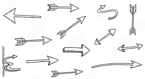 Assortment of simple, hand-drawn arrows in a clean, doodle style, featuring various straight, curved, and feathered designs.