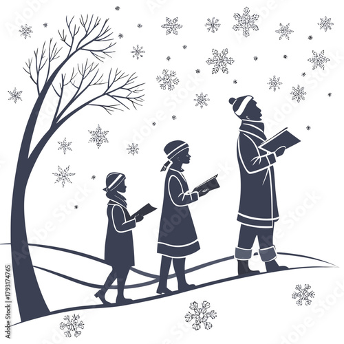 Carolers walking in snow under a bare tree Keywords: christmas, carolers, singing, snow, winter