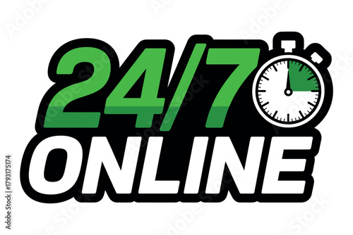 A logo showing twenty four seven online with a clock indicating availability