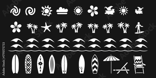 Collection of white tropical beach and surfing icons on a black background