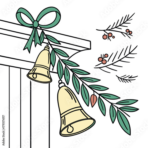 Christmas Bells and Pine Branches with Green Bow jingle bells