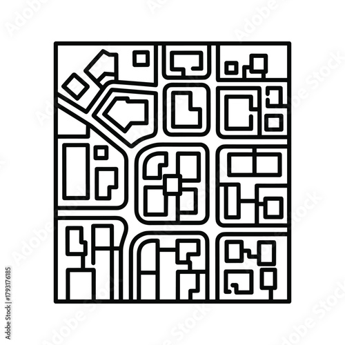 Aerial view of a city block with buildings and streets, black and white line art illustration