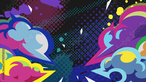 グラフィティ風のカラフルでポップな着地の煙のイラスト素材_16:9