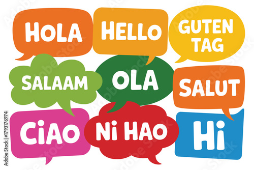 Speech bubbles show greetings in various languages to represent communication.