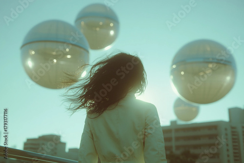 Retro futurism style portrait of person neon VR visor wear clothes inspired how people imagined future 80s 90s generative ai