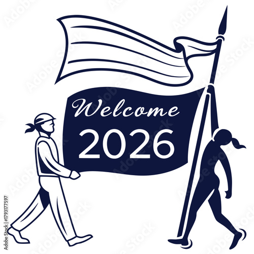 People carrying flag welcoming 2026 welcome banner
