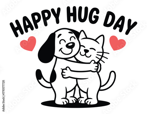 A dog and cat embrace to celebrate Happy Hug Day with hearts