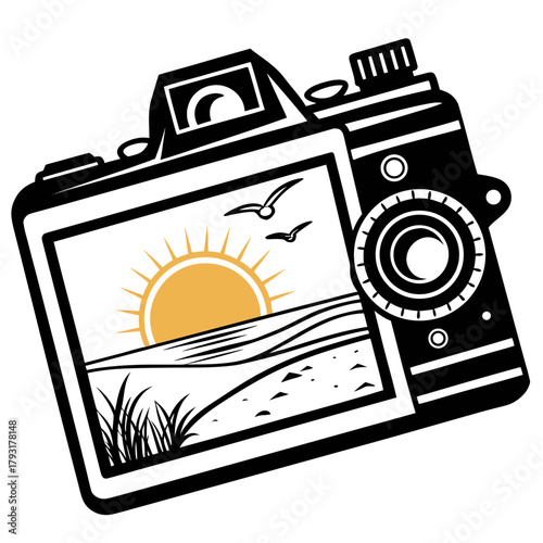 Vintage Camera Displaying a Sunset Landscape flat icon
