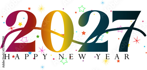 Colorful 2027 Happy New Year Illustration with Festive Decorations