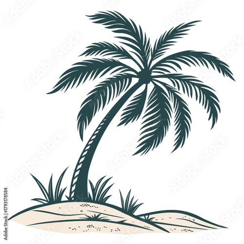 Silhouette of a palm tree on a sandy island with grass Keywords: palm tree, tropical, island