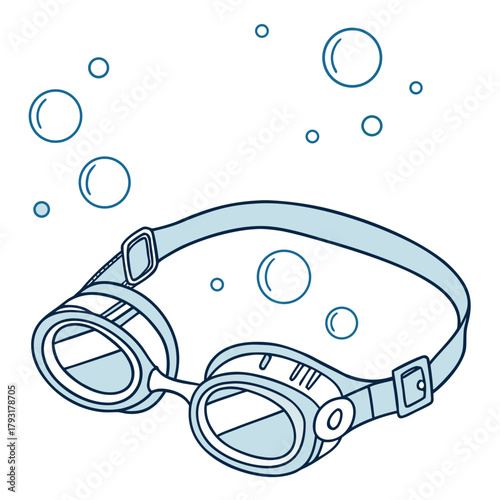 Blue swimming goggles with bubbles on white background