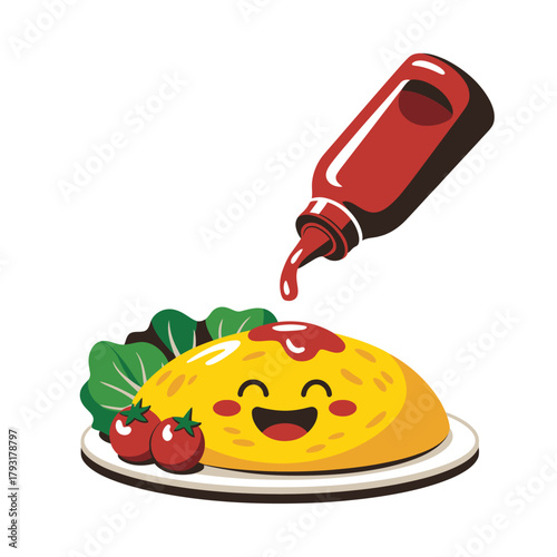 Cute kawaii omelette rice with ketchup bottle pouring sauce