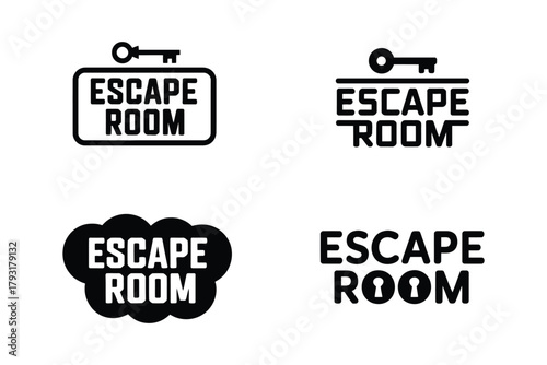 Various logos represent the concept of an escape room with keys and locks
