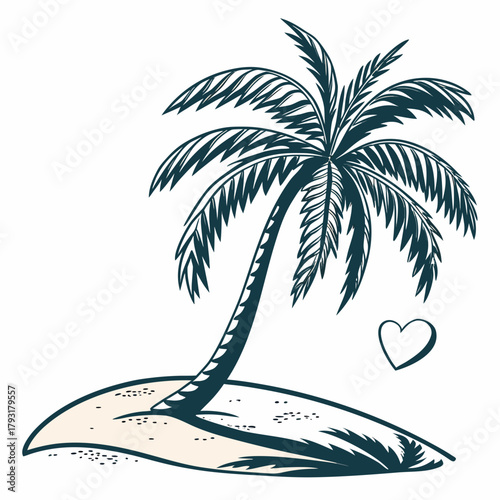 Lone Palm Tree on Small Island with Heart beach sand