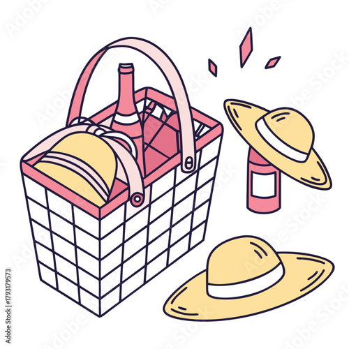 Picnic Basket with Hats and Bottles food drink