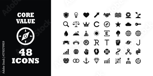 Modern Core Values Icon Set for Business Strategy and Design Projects, Providing a Wide Range of Symbols for Goals, Success, and Innovation
