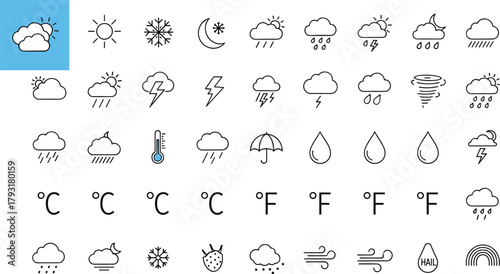 Comprehensive vector line icon set illustrating various weather conditions and meteorological phenomena, including temperature, wind, and atmospheric events for forecasting applications.