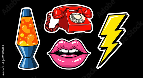 Retro Pop Art Icons: Lava Lamp, Phone, Lips, Lightning Bolt
