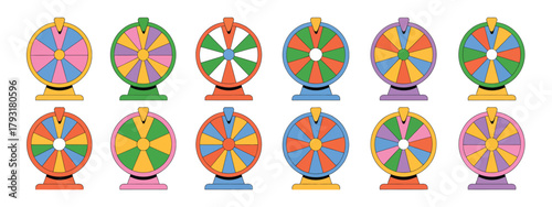 Collection of colorful prize wheels and fortune wheels for games and events