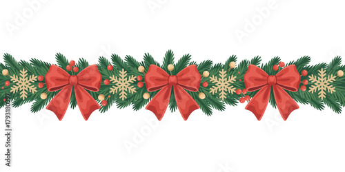 Festive christmas garland with red bows and ornaments