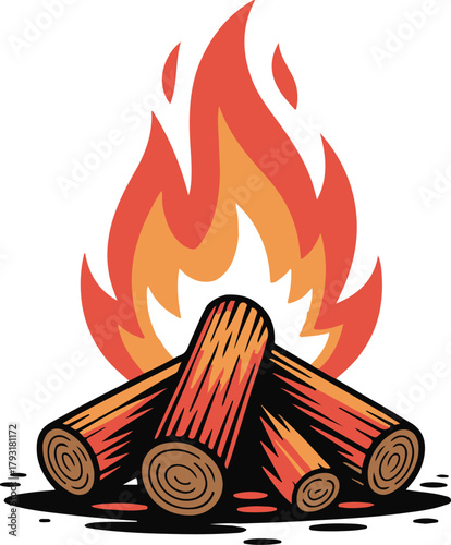 Burning campfire log pile, classic outdoor vector illustration
