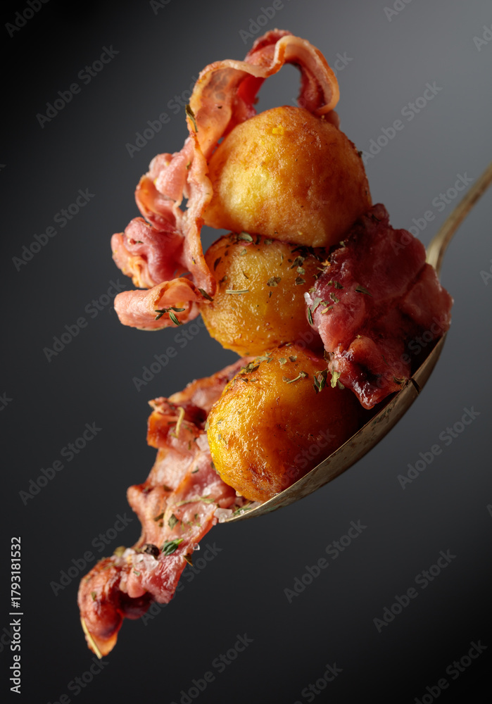 Fototapeta premium Roasted potatoes with bacon sprinkled with spices.