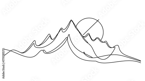 minimalist line art of mountain range with sun or moon behind peaks, abstract nature illustration in black and white continuous drawing