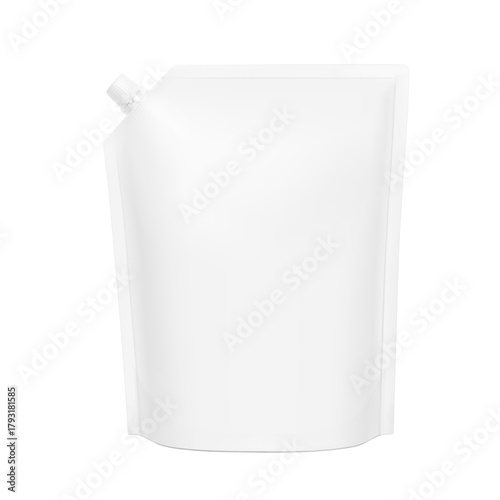Realistic stand pouch bag with corner spout mockup. Vector illustration isolated on white background. Front view. Can be use for template your design, presentation, promo, ad. EPS10.