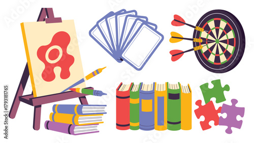 Collection of art supplies and games for creative activities and recreation
