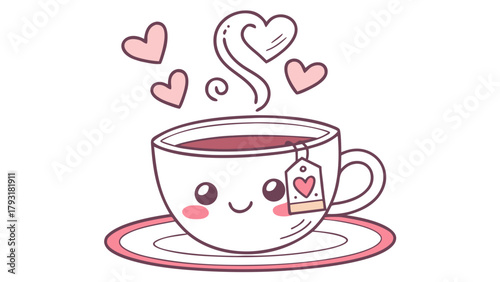 Cute teacup with a smiling face and hearts floating above it on a saucer with a tea bag tag